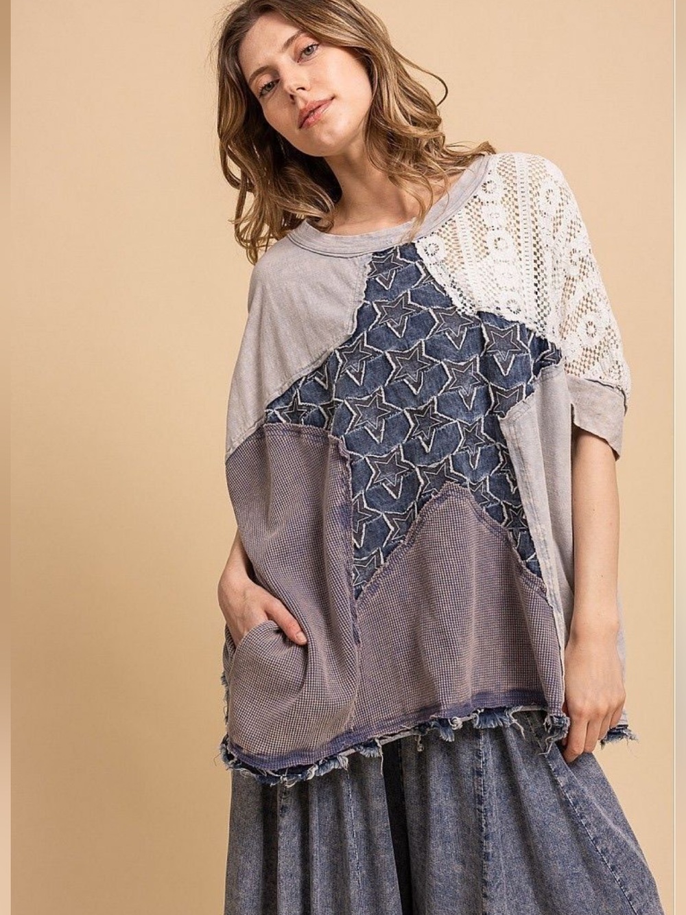 Blue Velvet Star tee Boho Star Patchwork Short Sleeve Tee - Taupe & Denim